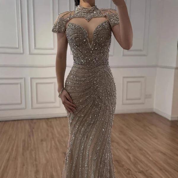 Amazing Long Champagne Mermaid Evening Dress with Beaded High Neck