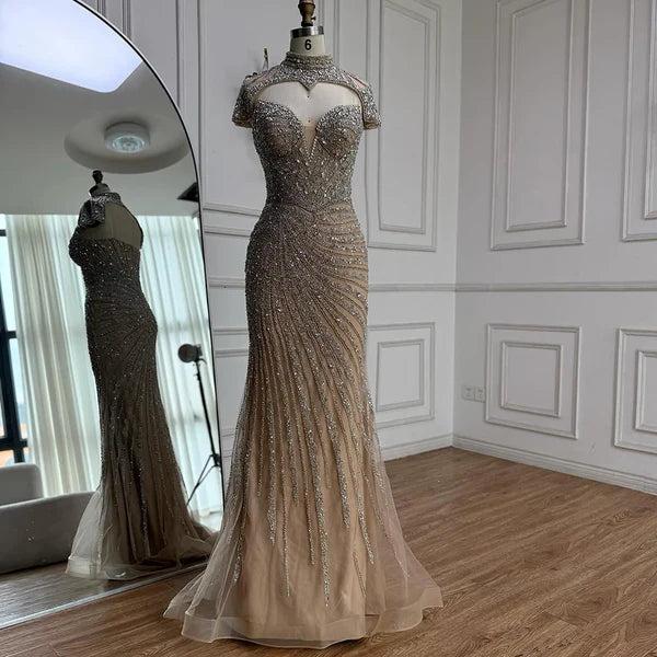 Amazing Long Champagne Mermaid Evening Dress with Beaded High Neck