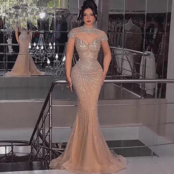 Amazing Long Champagne Mermaid Evening Dress with Beaded High Neck