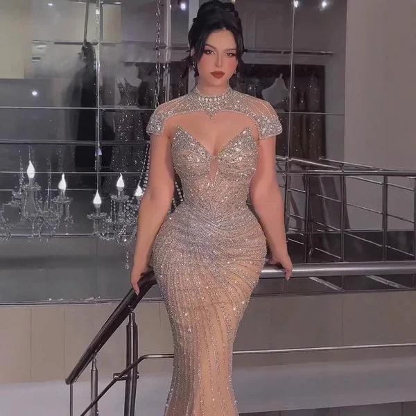 Amazing Long Champagne Mermaid Evening Dress with Beaded High Neck