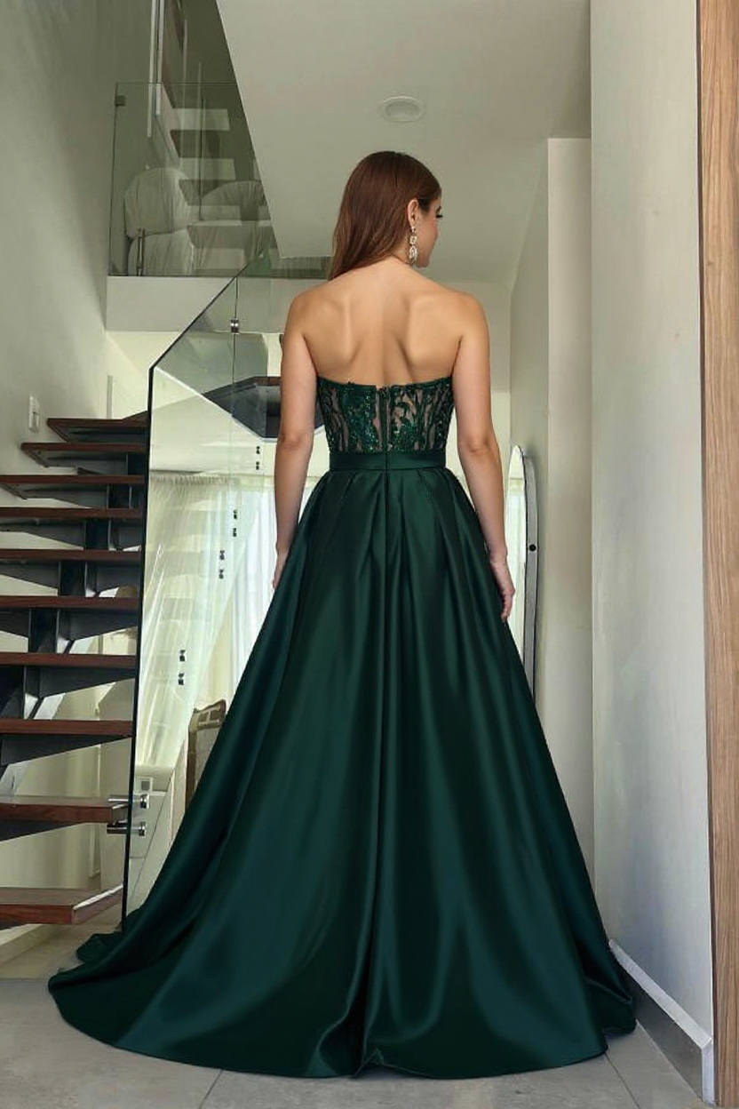 Amazing Long Dark Green A-line Strapless Lace Prom Evening Dresses With Slit