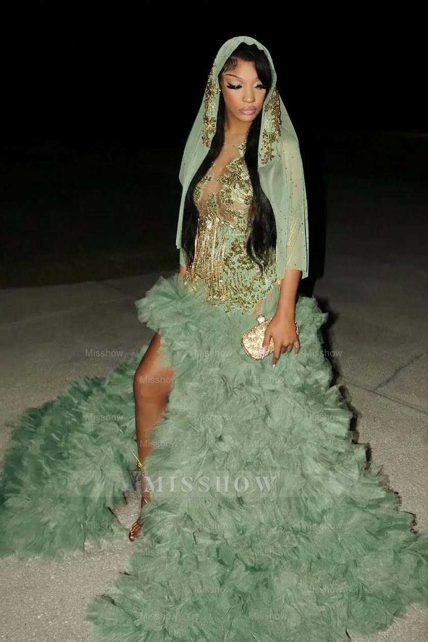 Amazing Long Emerald Beaded Sleeveless Prom Dress with Slit and Veil