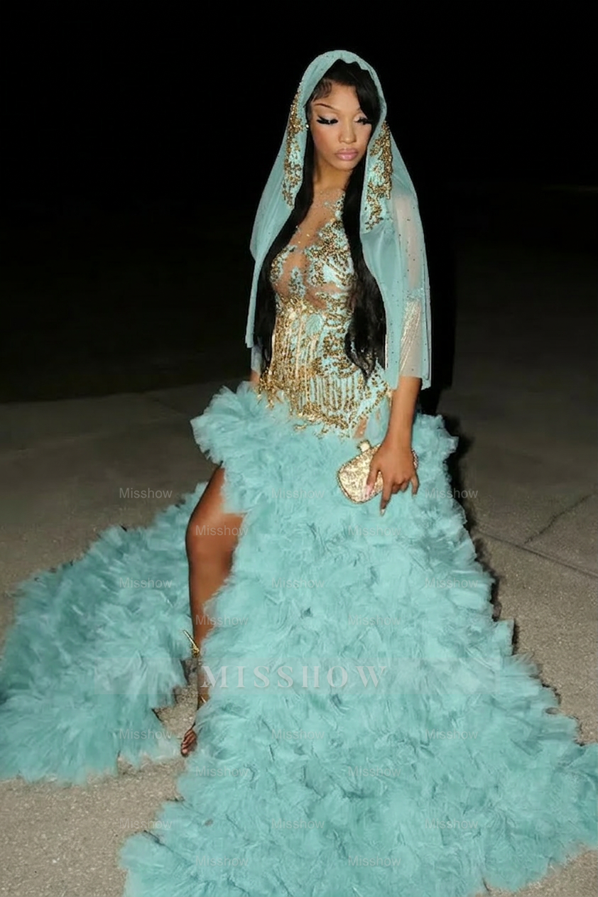 Amazing Long Emerald Beaded Sleeveless Prom Dress with Slit and Veil