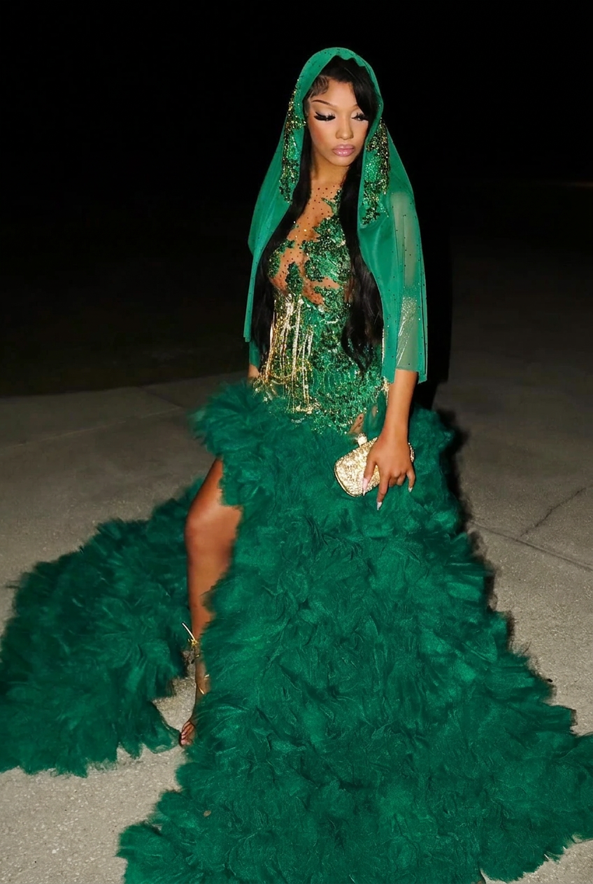 Emerald green scoop split-front A-line prom dress