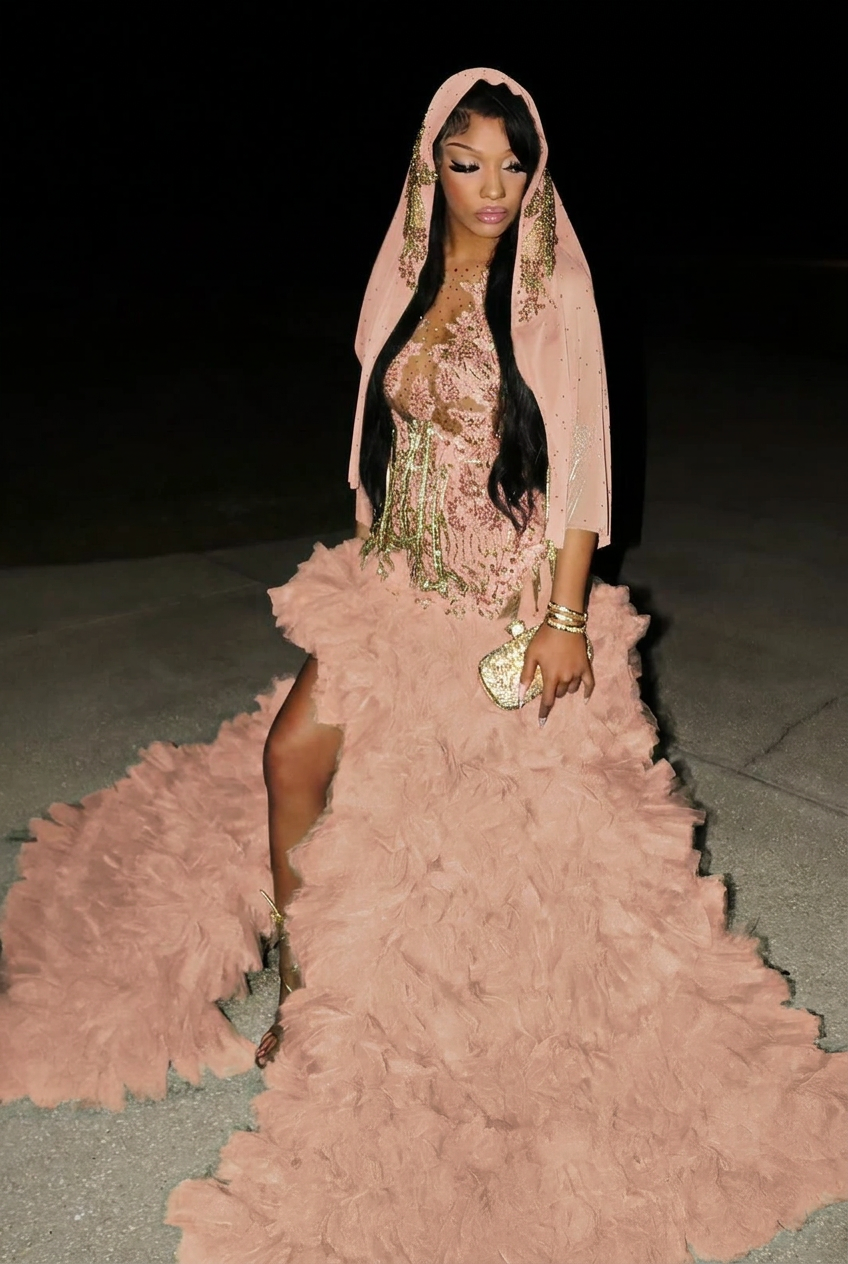 Pearl pink scoop split-front A-line prom dress