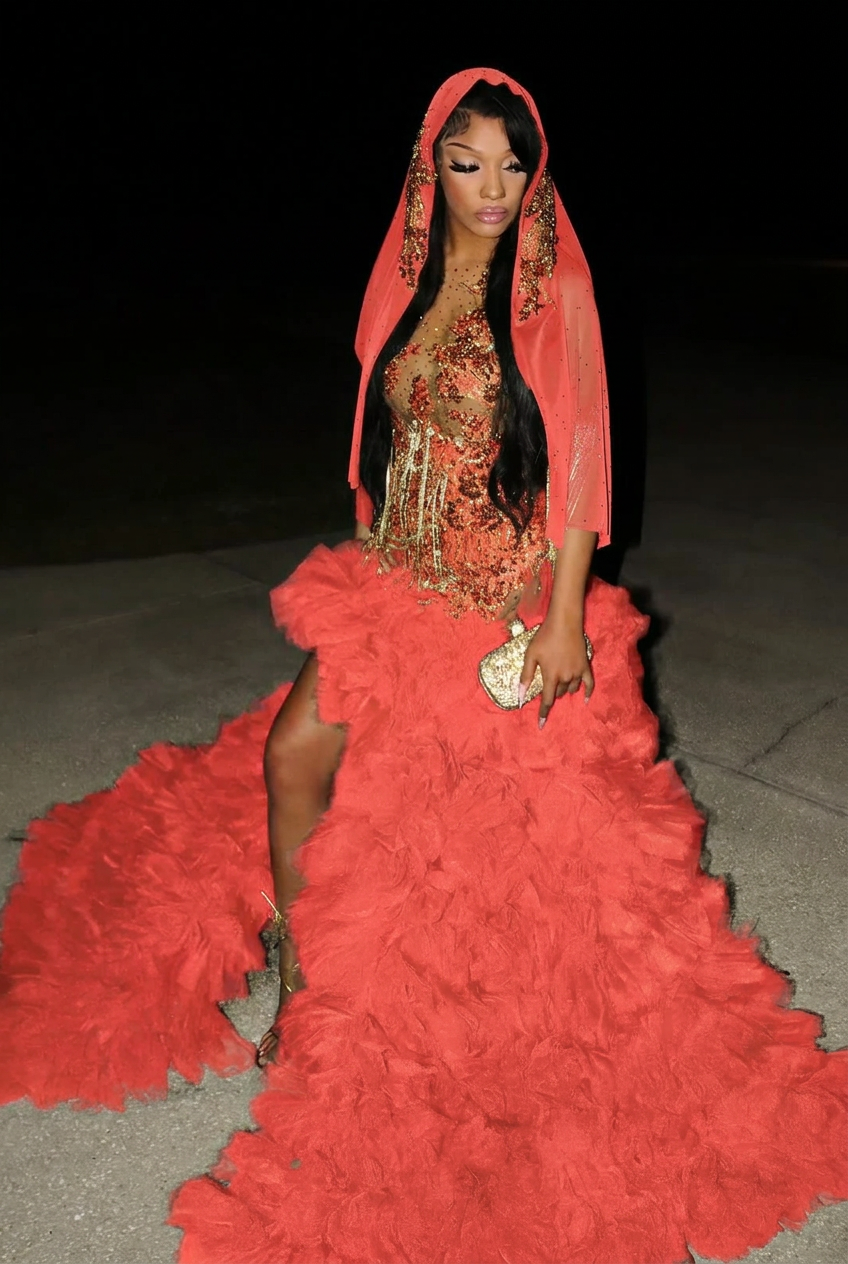 Coral scoop split-front A-line prom dress