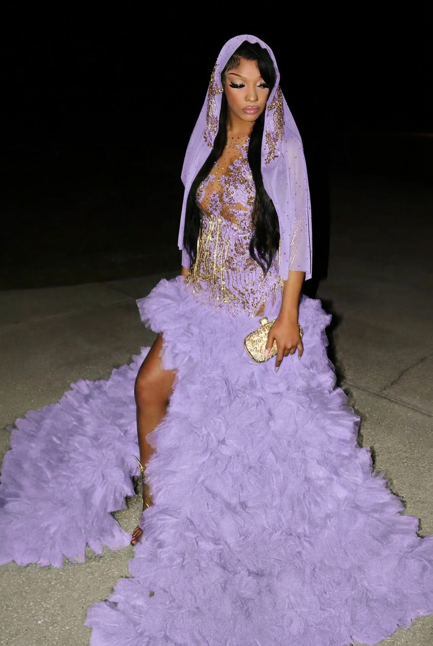 Lavender scoop split-front A-line prom dress