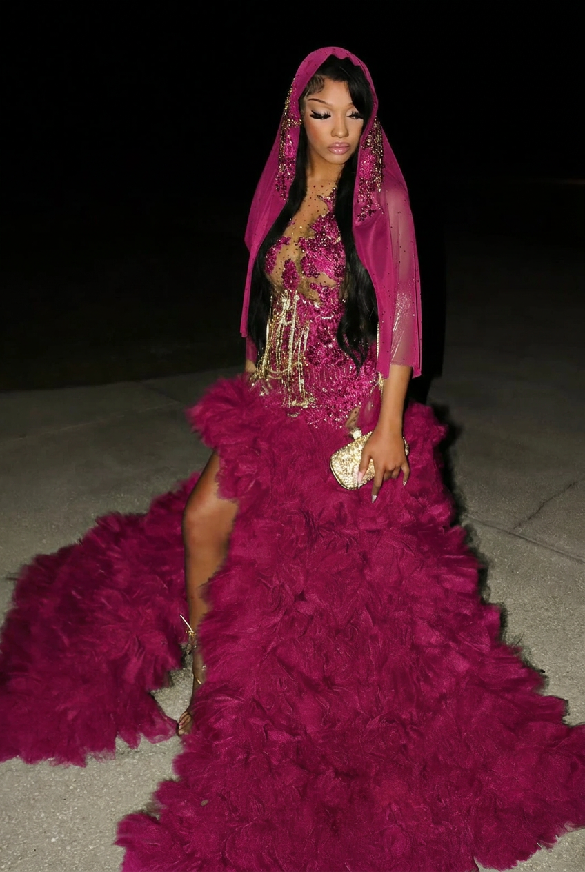 Fuchsia scoop split-front A-line prom dress