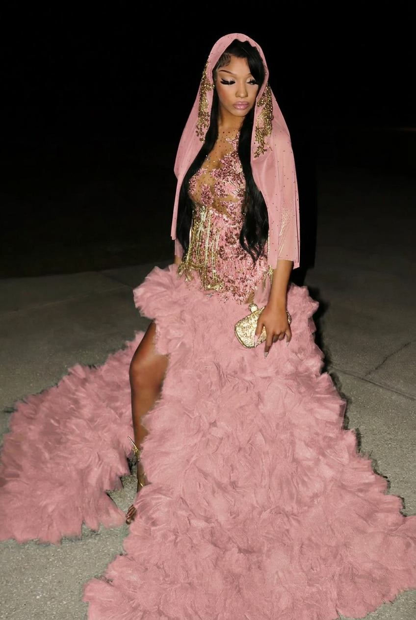 Blushing pink scoop split-front A-line prom dress