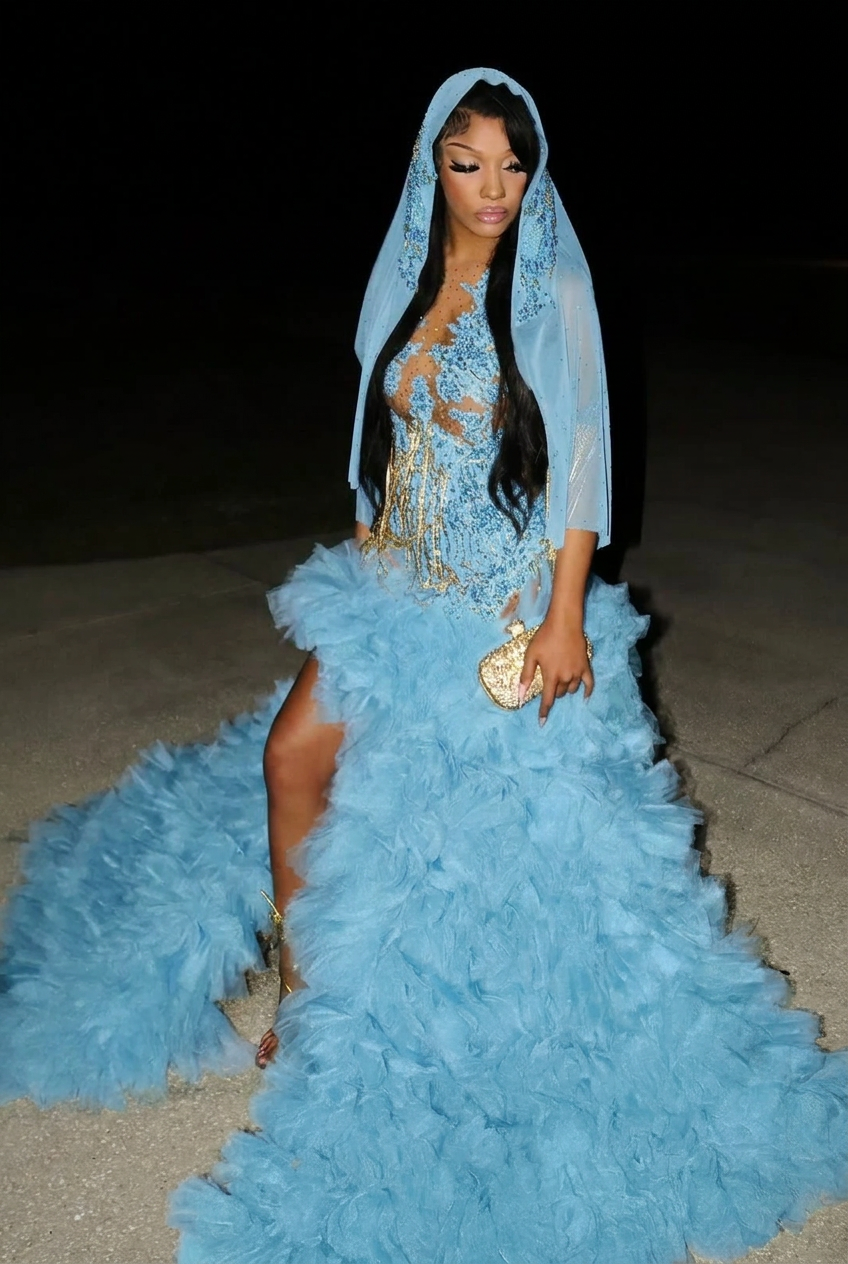 Light blue scoop split-front A-line prom dress
