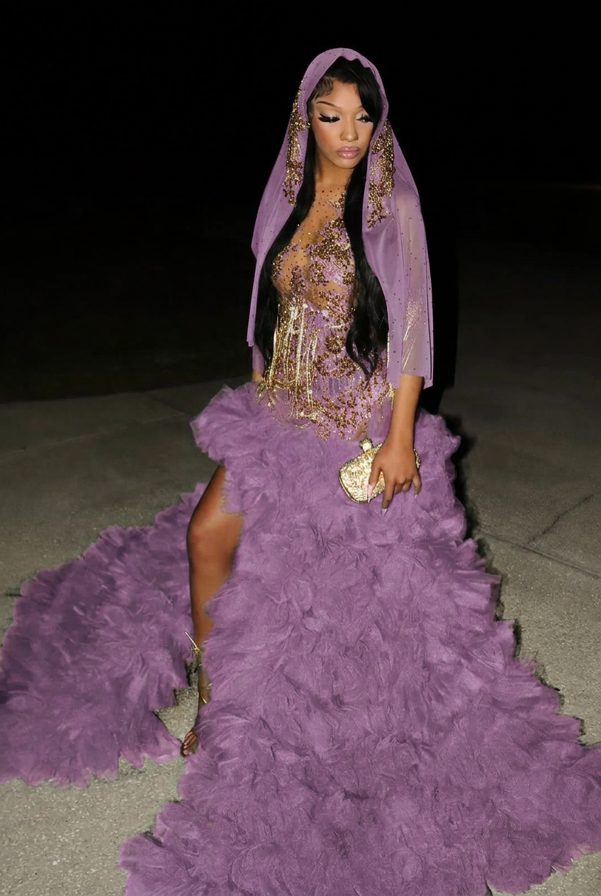 Lilac scoop split-front A-line prom dress