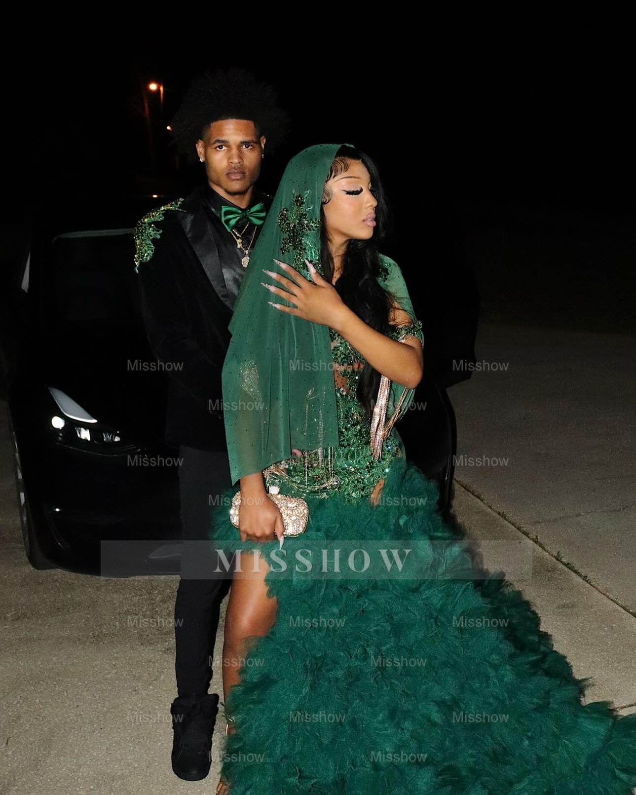 Amazing Long Emerald Beaded Sleeveless Prom Dress with Slit and Veil