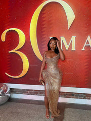 Champagne strapless split-front mermaid prom dress