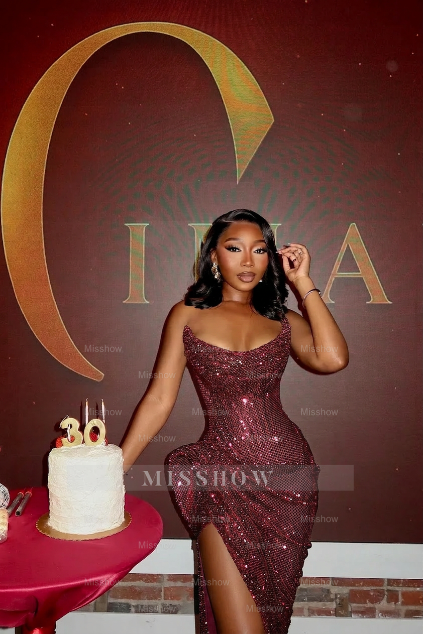 Burgundy strapless split-front mermaid prom dress
