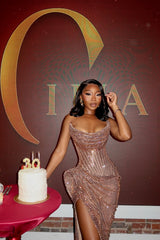 Champagne strapless split-front mermaid prom dress