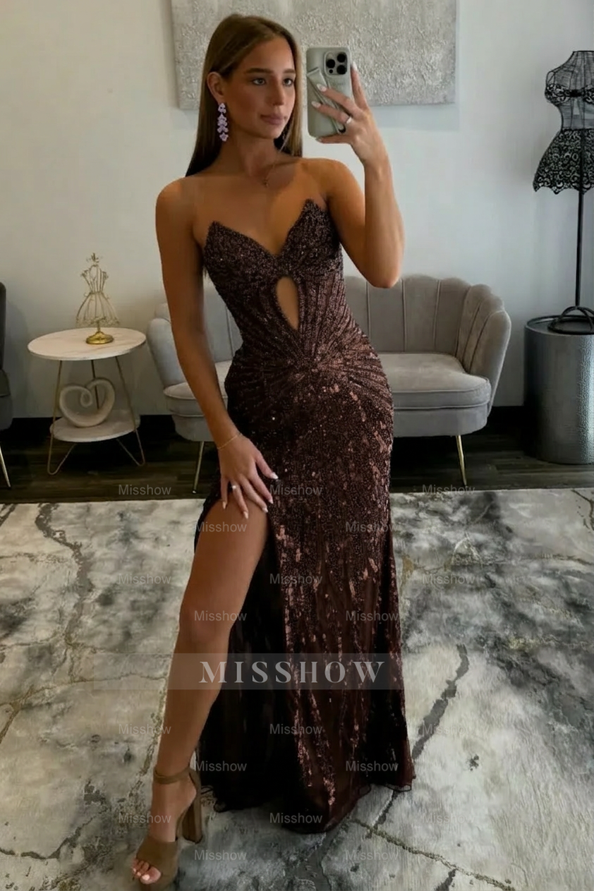 Amazing Long Grape V-neck Strapless Sequined Beaded Prom Dress with Slit