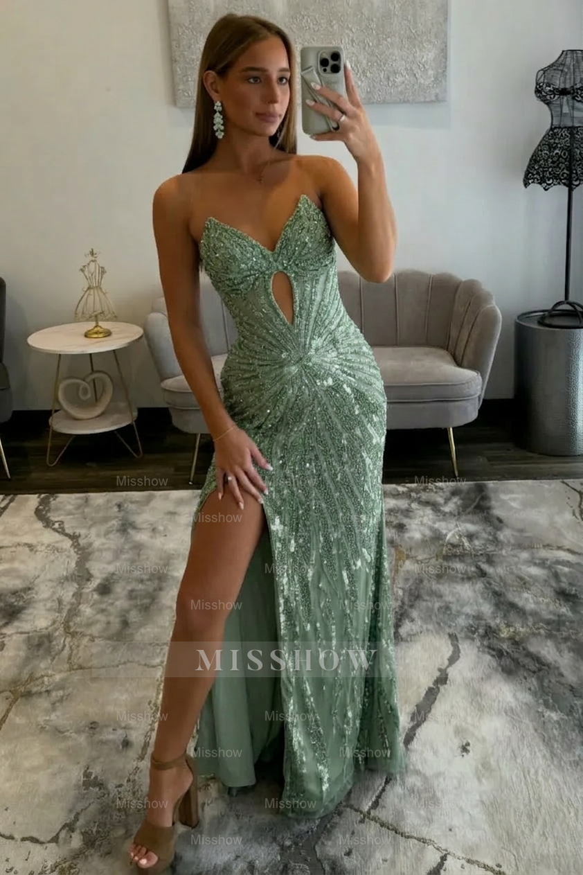 Amazing Long Grape V-neck Strapless Sequined Beaded Prom Dress with Slit