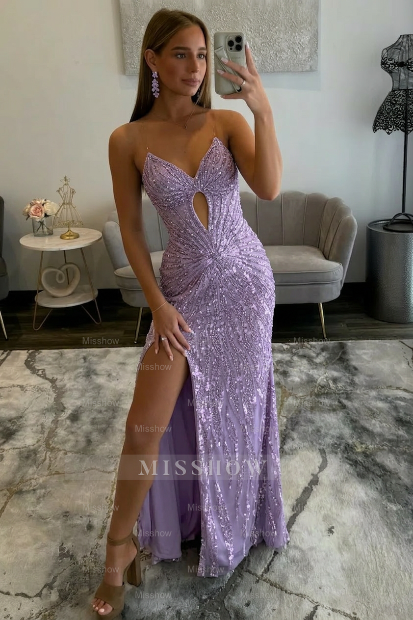 Amazing Long Grape V-neck Strapless Sequined Beaded Prom Dress with Slit