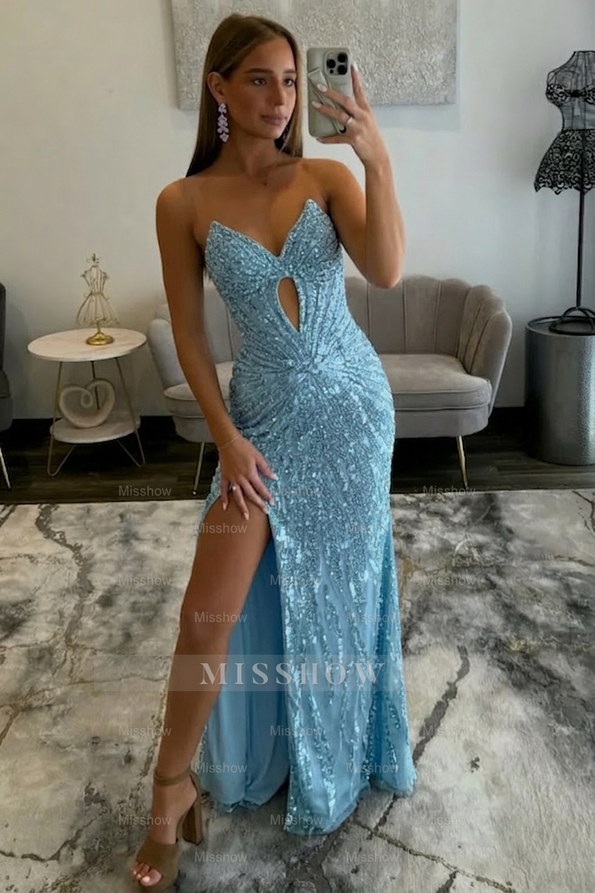 Amazing Long Grape V-neck Strapless Sequined Beaded Prom Dress with Slit