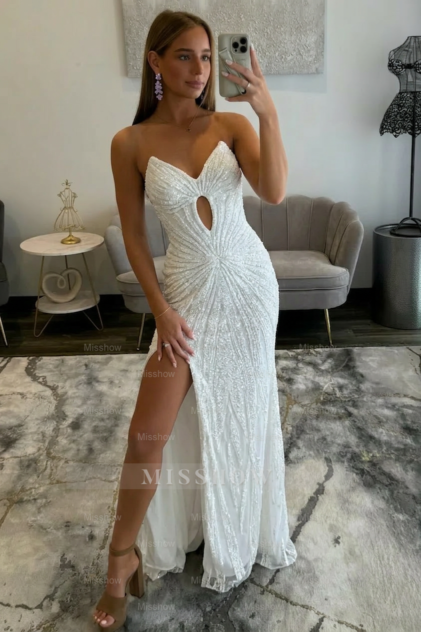 Amazing Long Grape V-neck Strapless Sequined Beaded Prom Dress with Slit