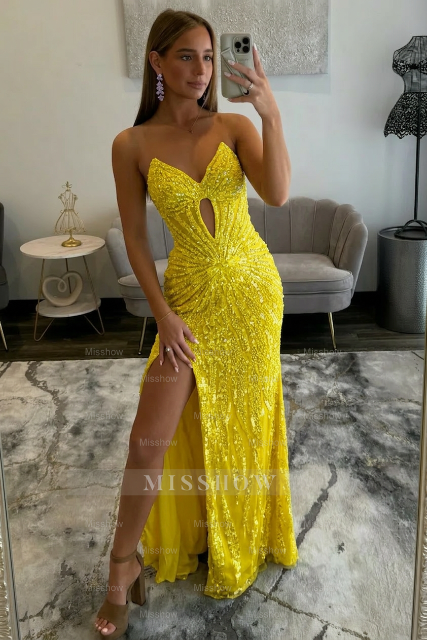 Amazing Long Grape V-neck Strapless Sequined Beaded Prom Dress with Slit