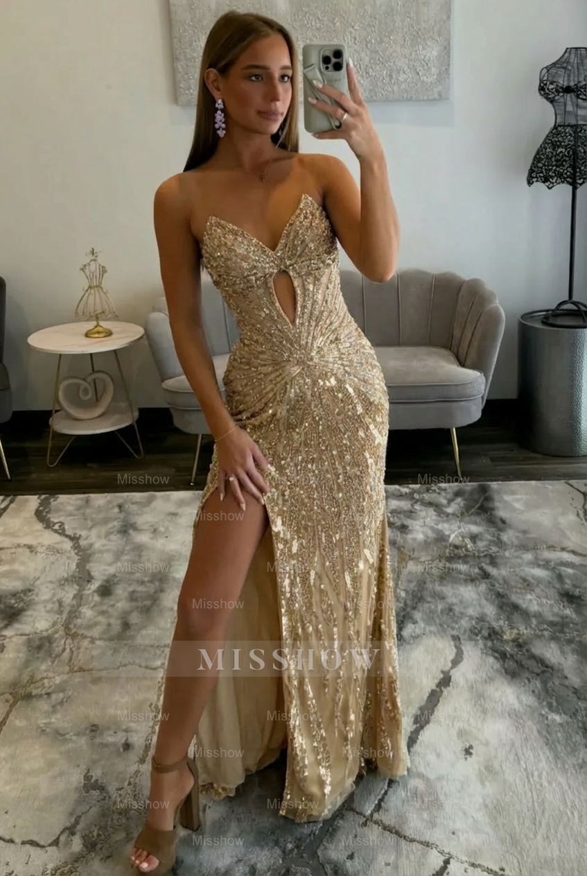 Amazing Long Grape V-neck Strapless Sequined Beaded Prom Dress with Slit