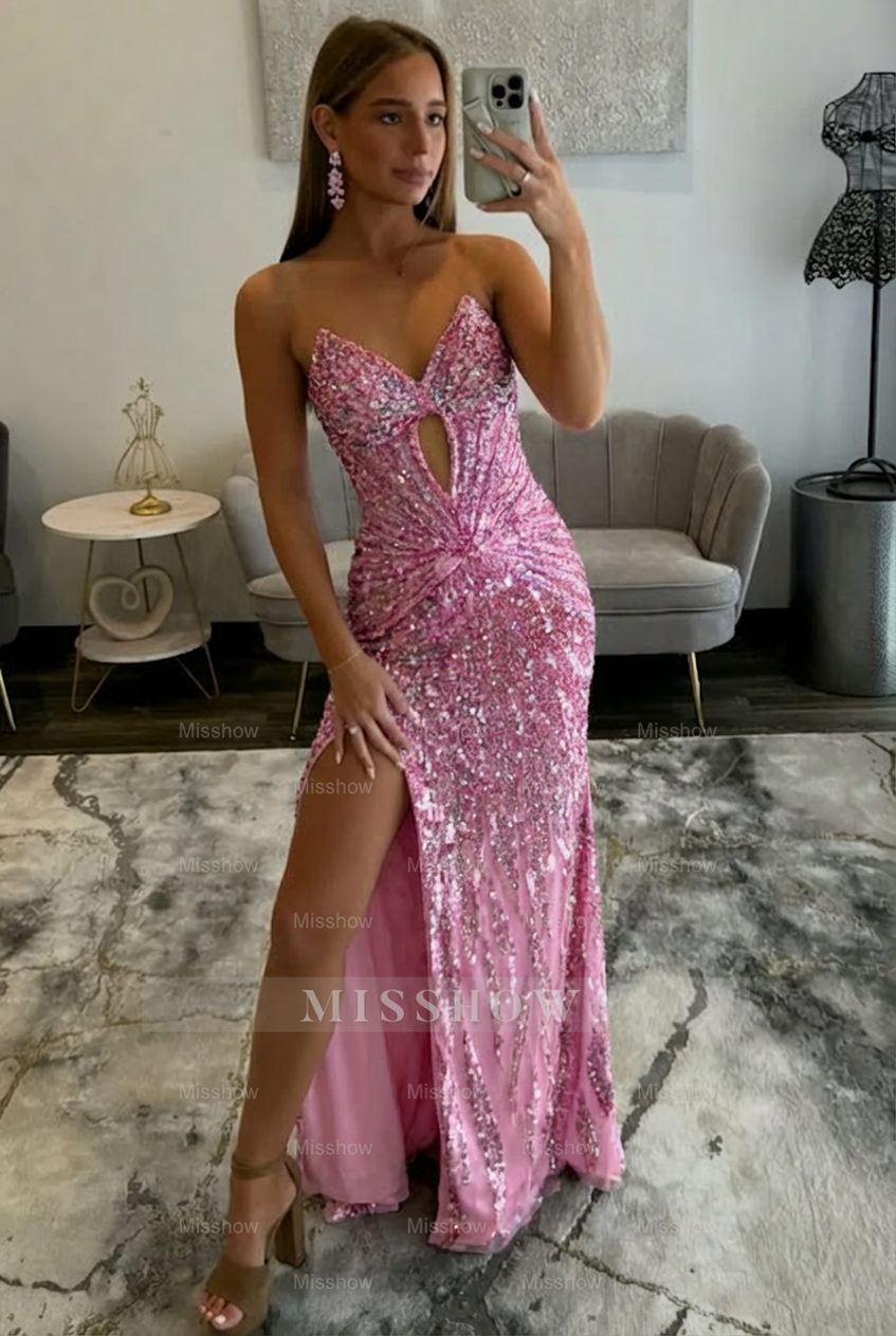 Amazing Long Grape V-neck Strapless Sequined Beaded Prom Dress with Slit