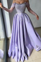 Amazing Long Lilac A-line Off-the-shoulder Rhinestones Satin Pearls Prom Evening Dresses