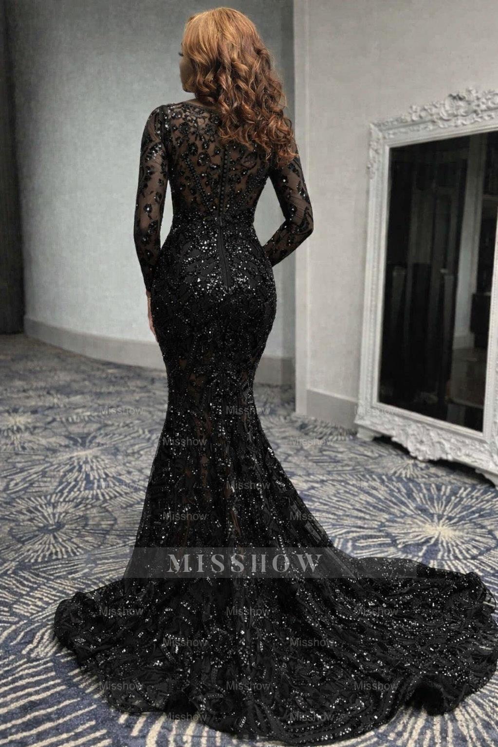 Black scoop beaded mermaid prom dress