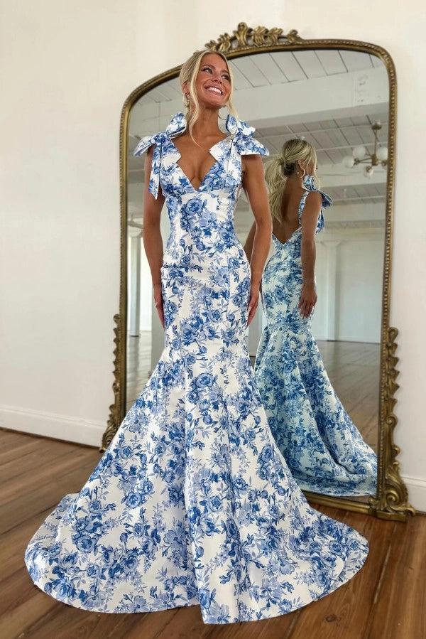 Amazing Long Mermaid Blue V-neck Sleeveless Open Back Prom Dress
