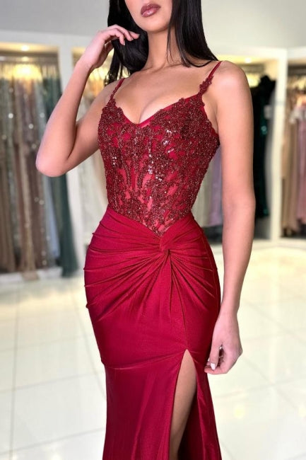Amazing Long Mermaid Burgundy Spaghetti Straps Lace Prom Evening Dresses With Slit