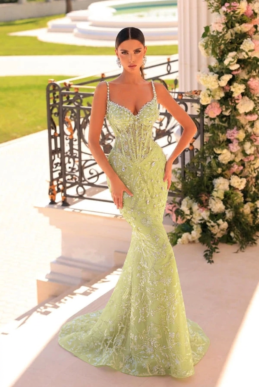 Sage v-neck beaded mermaid prom dress