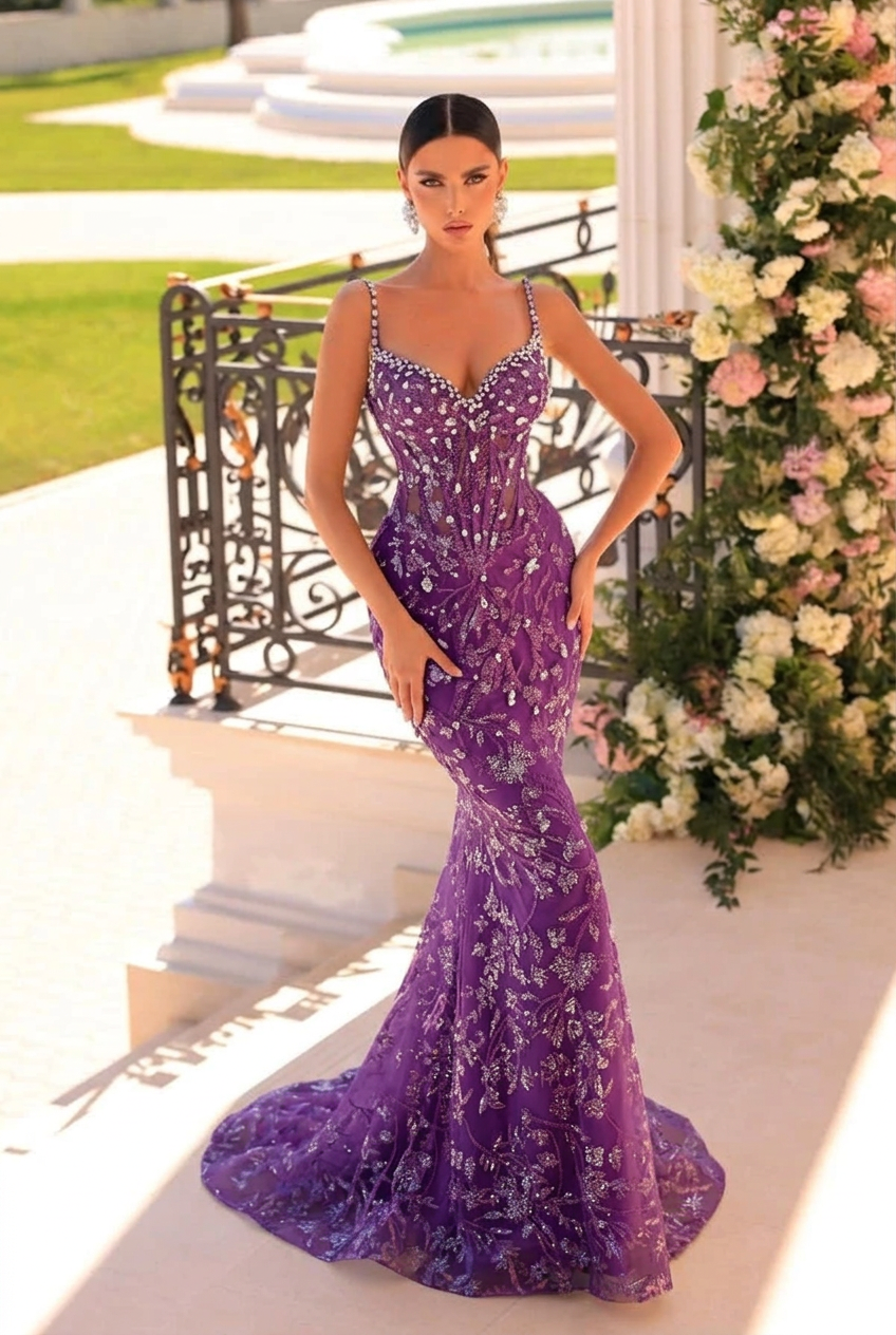 Grape v-neck beaded mermaid prom dress