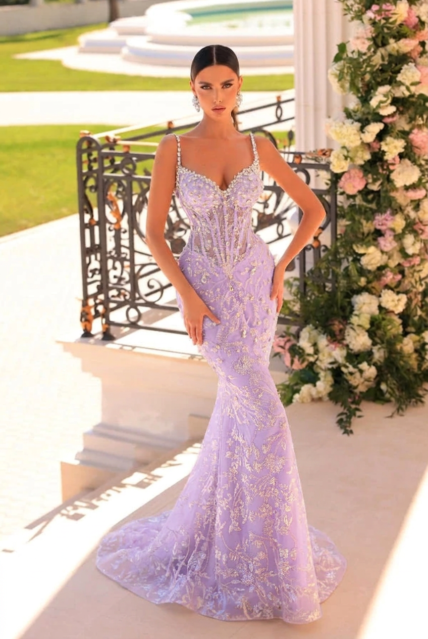 Lavender v-neck beaded mermaid prom dress