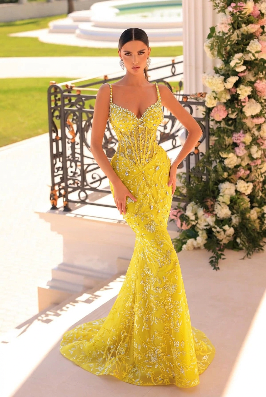 Yellow v-neck beaded mermaid prom dress