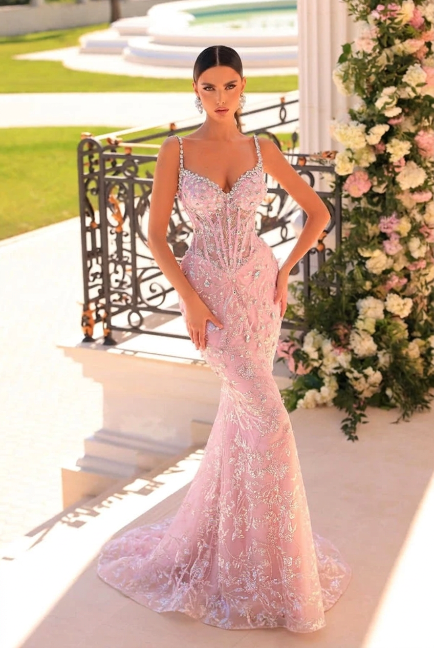 Candy pink v-neck beaded mermaid prom dress