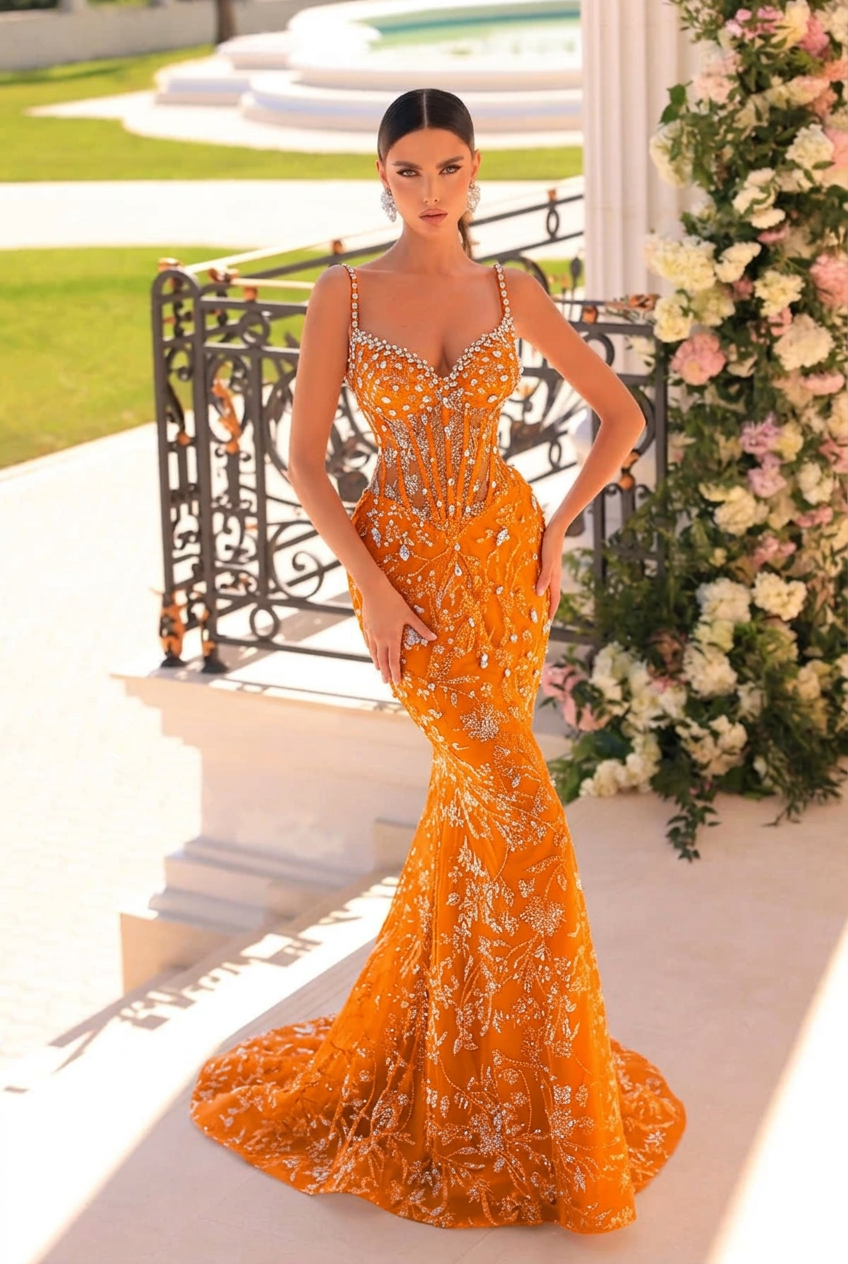 Orange v-neck beaded mermaid prom dress
