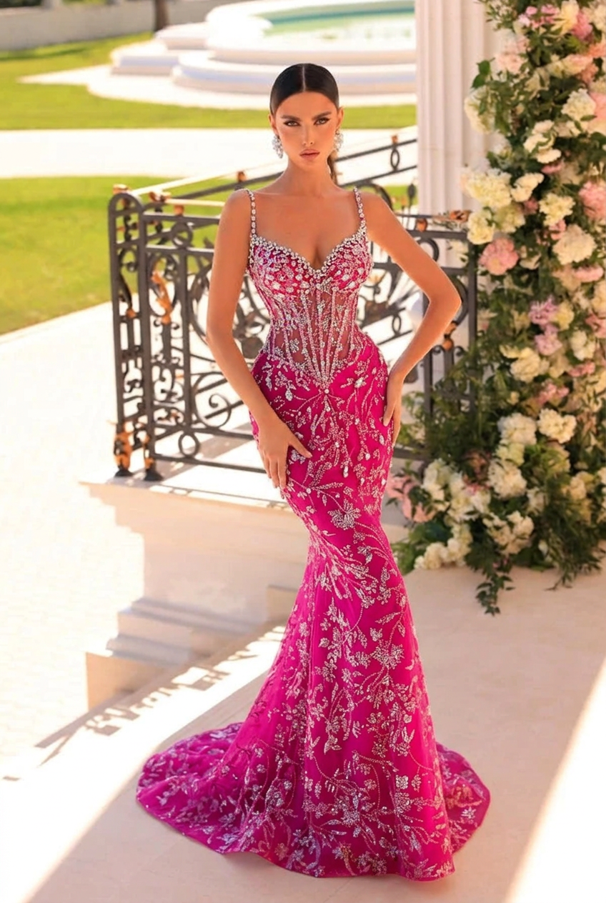 Fuchsia v-neck beaded mermaid prom dress