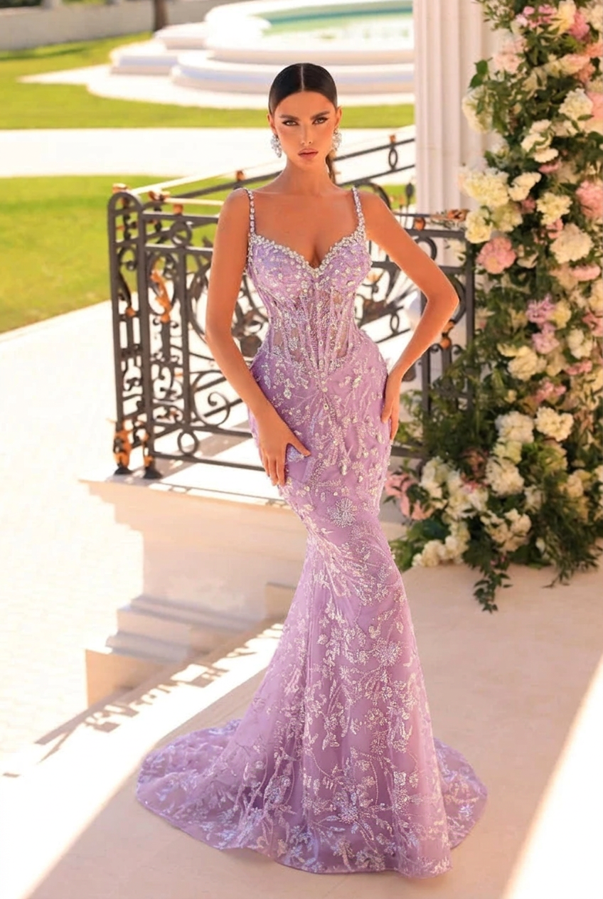 Lilac v-neck beaded mermaid prom dress