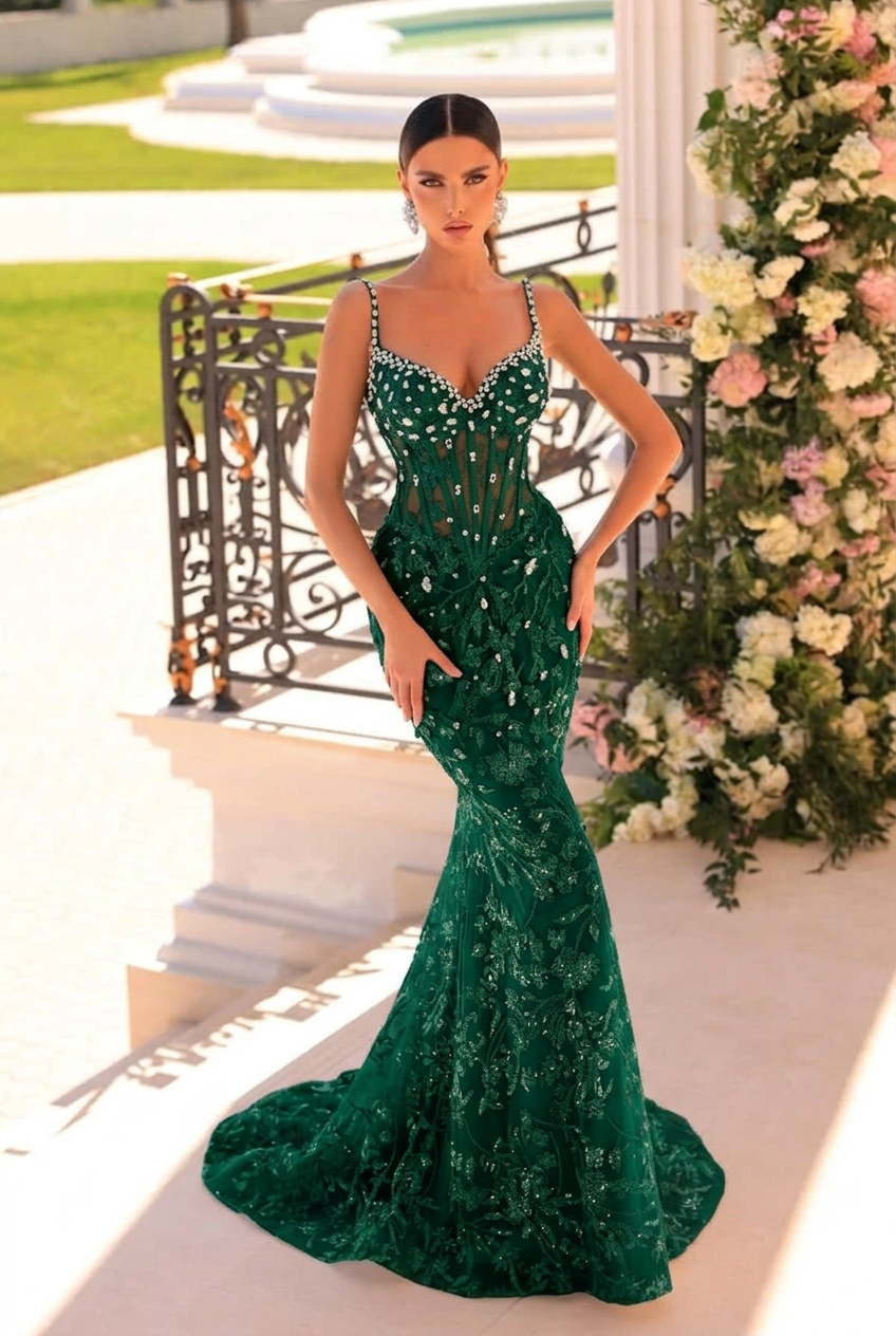 Dark green v-neck beaded mermaid prom dress