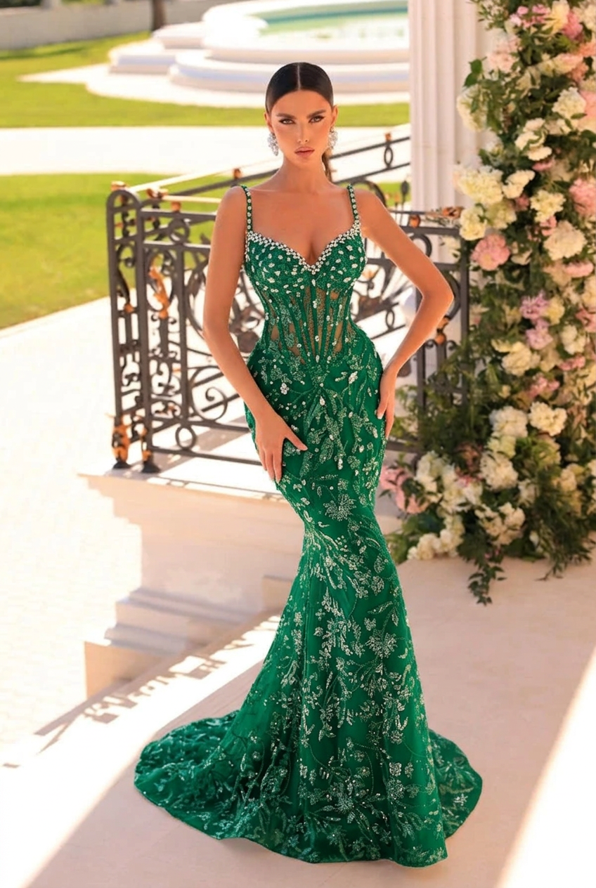 Emerald green v-neck beaded mermaid prom dress