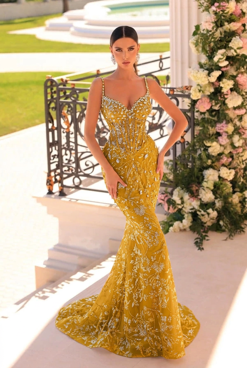 Gold v-neck beaded mermaid prom dress