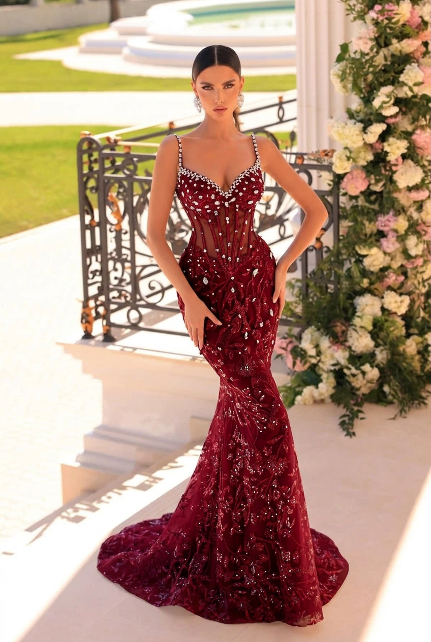 Burgundy v-neck beaded mermaid prom dress