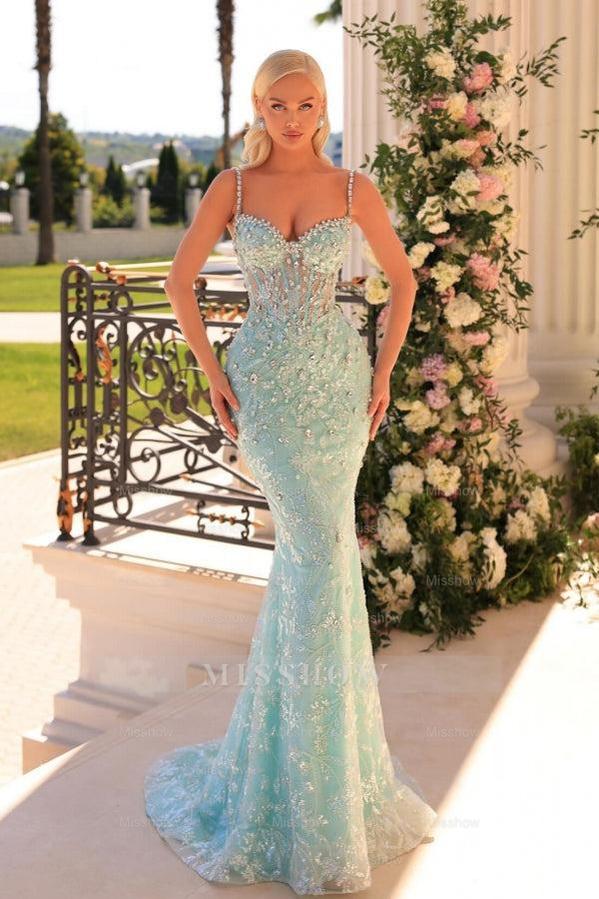 Mint green v-neck beaded mermaid prom dress