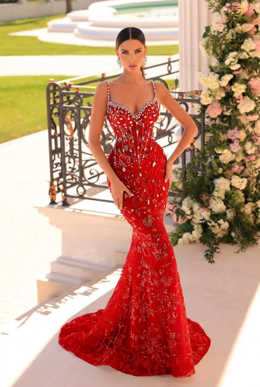 Red v-neck beaded mermaid prom dress