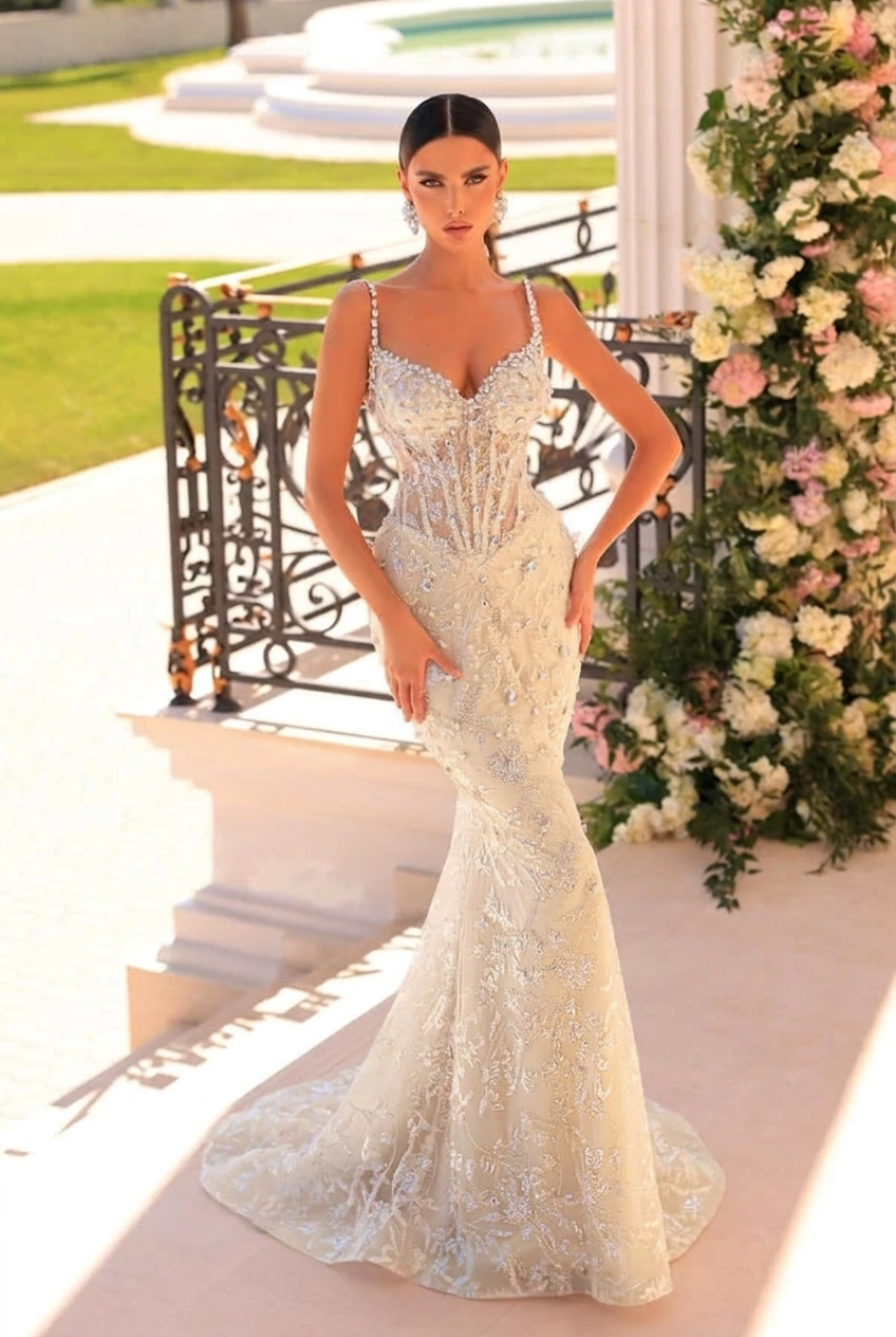 Ivory v-neck beaded mermaid prom dress