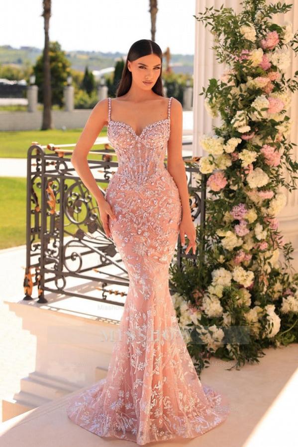 Pearl pink v-neck beaded mermaid prom dress