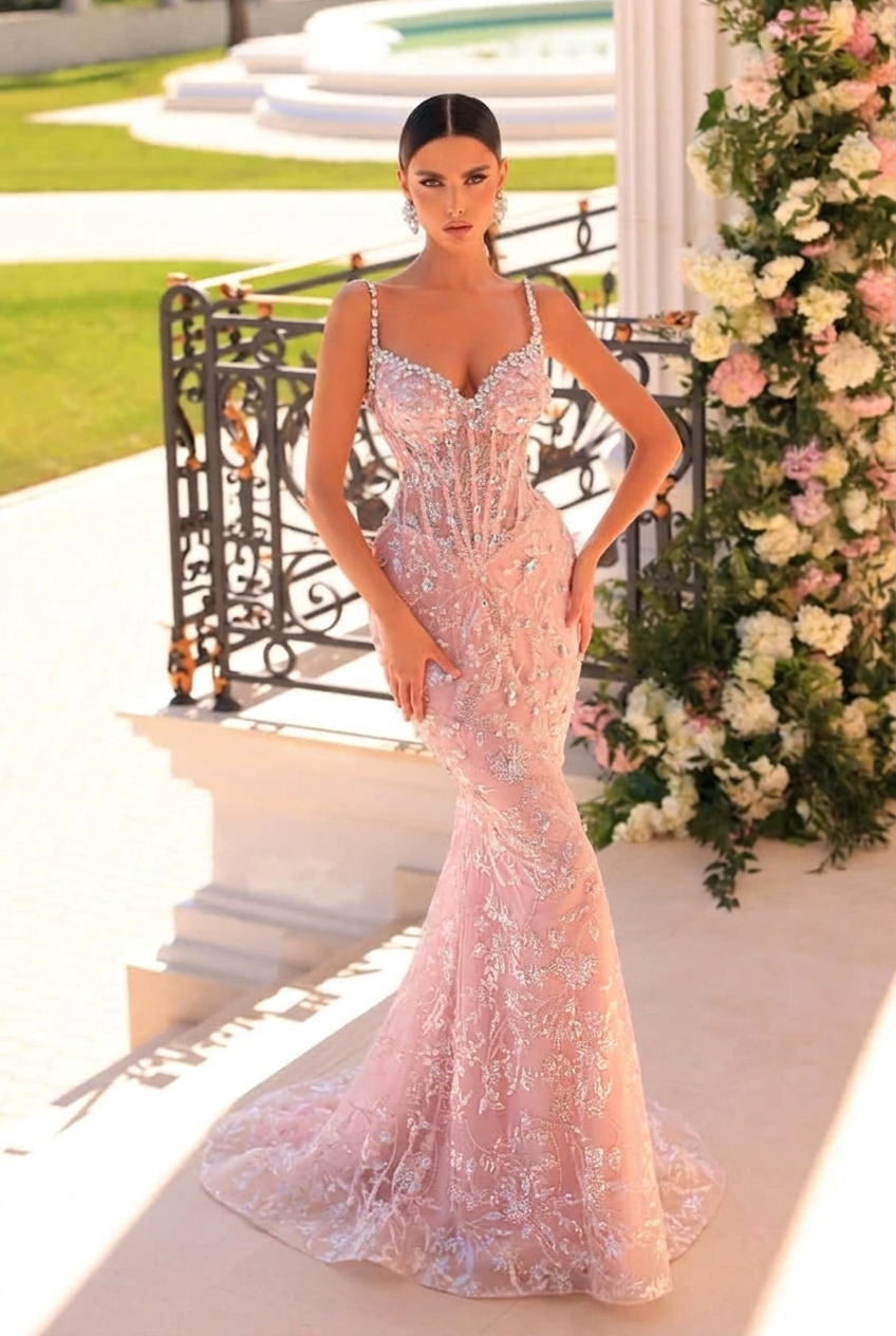 Blushing pink v-neck beaded mermaid prom dress