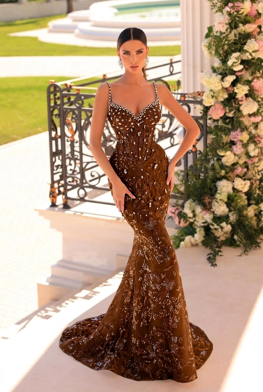 Chocolate v-neck beaded mermaid prom dress