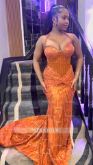 Amazing Long Orange Halter Sleeveless Mermaid Prom Dress with Beaded Appliques